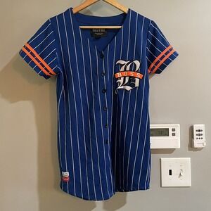 Red Fox Top Striped Baseball Jersey Button‎ Down Short Sleeve Womens Medium